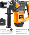Powerful 13 Amp SDS Plus Rotary Hammer Drill 1-1/4 Inch with accessories including chisels and drill bits displayed