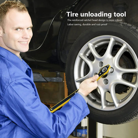 Person using 360 Degree Swivel Head Jack Ratchet Wrench With Forward And Reverse Knob on car tire for quick changes