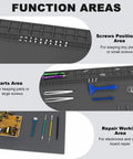 Diagram showing sections of the Extra Large Soldering Mat 27.6 x 15.7 Inches, 932F Heat Resistant Silicone Workbench Pad for electronics repair.