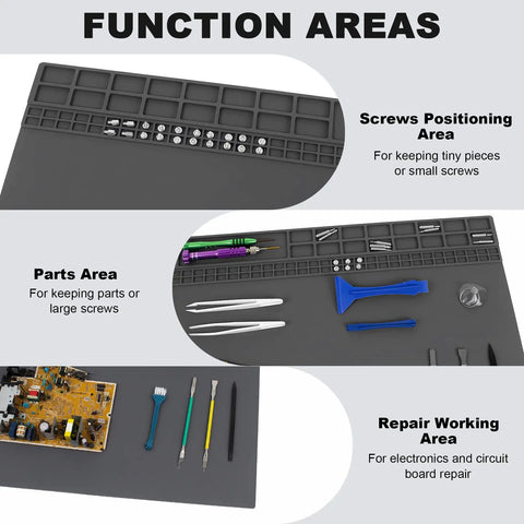 Diagram showing sections of the Extra Large Soldering Mat 27.6 x 15.7 Inches, 932F Heat Resistant Silicone Workbench Pad for electronics repair.