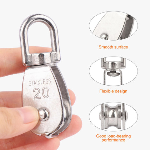 4 Pack M20 Single Pulley Snatch Block Stainless Steel 304 Lift Block With Swivel Hook for One Quarter Inch Rope close-up