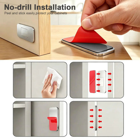8 Pack Ultra Thin No Drill Magnetic Cabinet Door Catches With Invisible Adhesive Tape For Kitchen Cupboard And Bathroom Drawer Hardware showing no-drill installation steps.