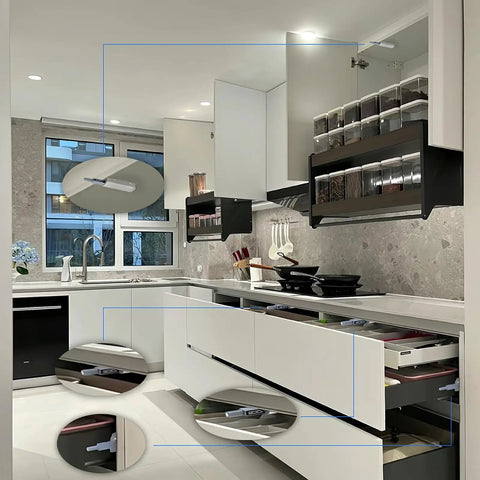Modern kitchen showcasing Push To Open Cabinet Latch Set 12 Pack Magnetic Touch Latches for hidden cabinet doors and drawers.
