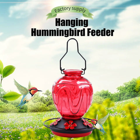 Red Glass Hummingbird Feeder For Outdoors Hanging 24 Ounce Nectar Feeder With Perch Five Flower Ports Leak Proof Base And Hook