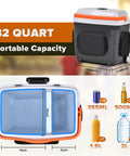 32 Quart Electric Car Cooler Warmer With Smooth Rolling Wheels, dimensions shown, designed for travel, holds drinks and food.
