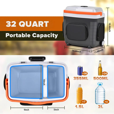 32 Quart Electric Car Cooler Warmer With Smooth Rolling Wheels, dimensions shown, designed for travel, holds drinks and food.