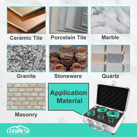 Diamond Core Tile Drill Bit Set 6pcs Pro-Grade Hole Saw Kit for Ceramic, Porcelain, Marble, Masonry shown with materials.