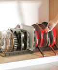 Expandable Pots And Pans Organizer Under Cabinet With Pot Lid Holder And 12 Adjustable Dividers, Space Saving Pan Rack