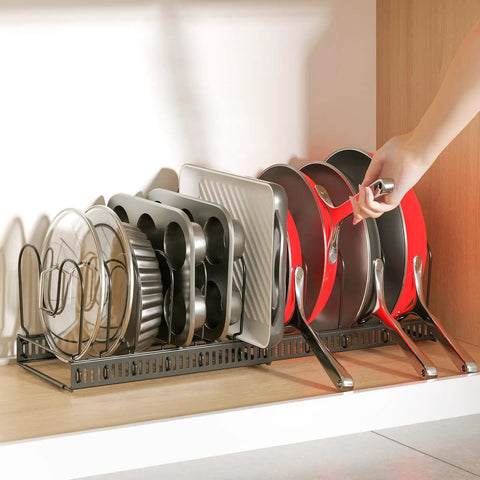 Expandable Pots And Pans Organizer Under Cabinet With Pot Lid Holder And 12 Adjustable Dividers, Space Saving Pan Rack