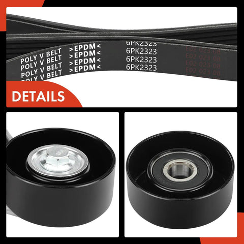 Engine Serpentine Belt Drive Kit for Chevy Trailblazer 2002-2009, GMC Envoy, close-up of belts and pulleys