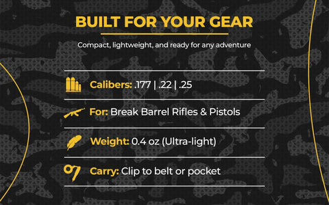 Break Barrel Pellet Loader Tool BBPR For.177.22.25 Caliber specs for break barrel rifles, lightweight 0.4 oz, clip to belt