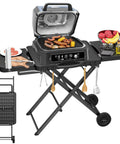 Portable Foldable Grill Table With Wheels And Side Shelf 51 Inch Large Space BBQ Stand For Woodfire OG Series Grills shown with food