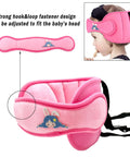 Pink Kids Car Seat Head Support Band For Safe Travel with cartoon pattern, adjustable fit shown on toddler, cushioned and easy install.