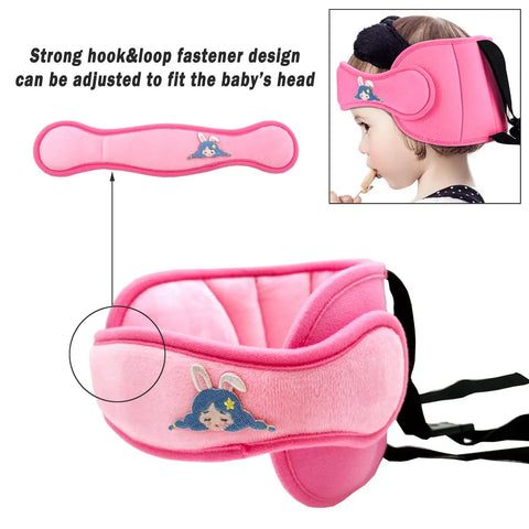 Pink Kids Car Seat Head Support Band For Safe Travel with cartoon pattern, adjustable fit shown on toddler, cushioned and easy install.