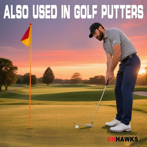 Golfer using putter on a green during sunset with a flagstick nearby, showcasing versatility of Magnetic Golf Alignment Rods With Telescopic Sticks.