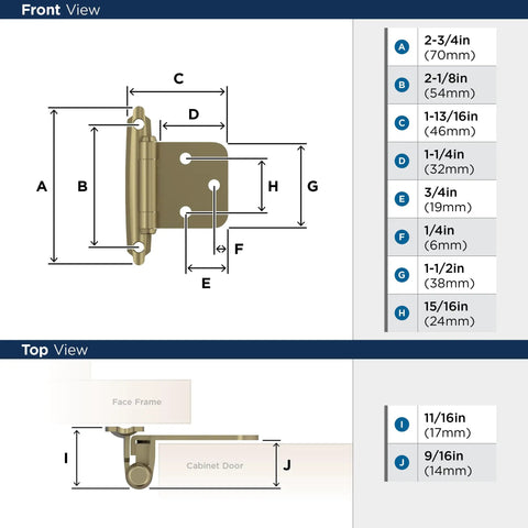 Diagram showing dimensions of Golden Champagne Variable Overlay Cabinet Hinge with Self Closing Face Mount for Kitchen Cabinets.