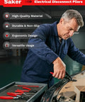 Man using Electrical Disconnect Pliers from 5 Piece Automotive Hose Clamp Set for Safe Terminal Separation
