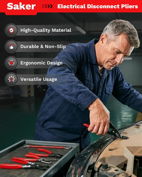 Man using Electrical Disconnect Pliers from 5 Piece Automotive Hose Clamp Set for Safe Terminal Separation