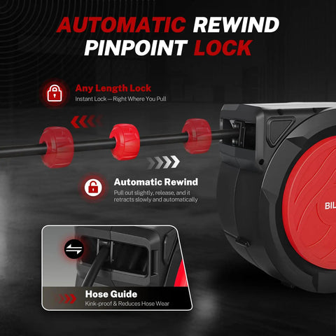Heavy Duty Retractable Air Hose Reel With Smooth Auto Rewind 3/8 X 50 Feet Max 300 PSI Built Legit Kink Free Wall Mount Rig For Daily Grind Garage Shop Use showing automatic rewind and hose guide features.
