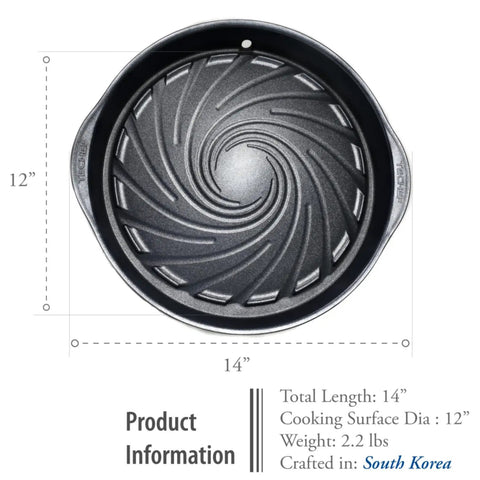 Korean BBQ Nonstick Grill Pan For KBBQ Lovers, Cast Aluminum Build, 14-inch, Swirled Channel Design Drains Fat, Made In Korea Black
