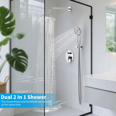 Two In One Shower System With 3 Setting High Pressure Rain Head And 8 Mode Handheld Spray Wall Mounted Chrome Fixture
