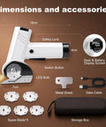 Top Rated Cordless Electric Scissors With 4 Speed Settings And Five Spare Blades displayed with accessories including blades and charging cable.
