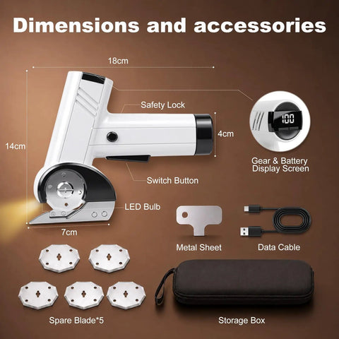 Top Rated Cordless Electric Scissors With 4 Speed Settings And Five Spare Blades displayed with accessories including blades and charging cable.