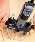 Bench Mounted Router Table Adapter For Corded Rotary Power Tools Featuring Six Hardened Steel Shaping Bits in use on wood.