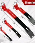 Image of a Four Piece Heavy Duty Pry Bar Set with Nail Puller and Crowbars, sizes 5-1/2in, 7-1/2in, 10in, 15in, shown with dimensions.