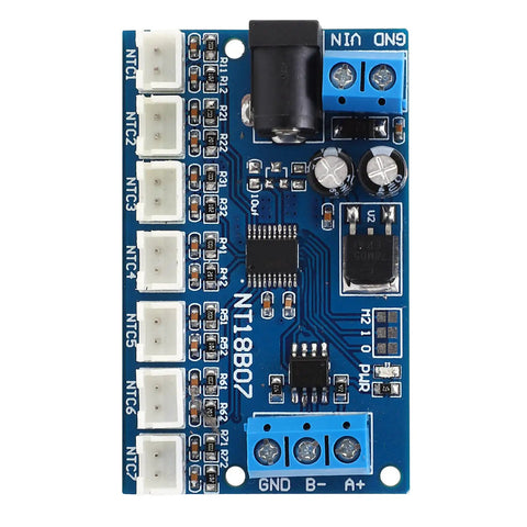 7 Channel RS485 Temperature Sensor Module with multiple ports on a blue circuit board