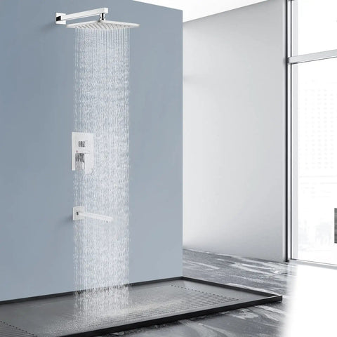 Polished Chrome Tub And Shower Faucet Set With Eight Inch Rain Shower Head Wall Mounted High Pressure Shower System Tub Spout Trim Kit With Rough In Mixer Valve Easy DIY Install in modern bathroom