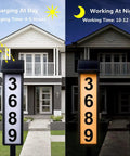 Day and night view of Solar Address Sign Lighted Outdoor House Numbers Plaque Waterproof No Fuss Setup For House Yard Garden