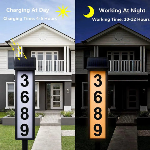 Day and night view of Solar Address Sign Lighted Outdoor House Numbers Plaque Waterproof No Fuss Setup For House Yard Garden