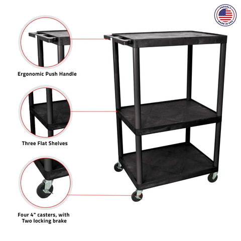 Heavy Duty Rolling Audio Video Presentation Cart With Three Spacious Black Shelves Smooth Gliding Casters Badass Classroom And Office Tech Rig Organizer Durable Steel Build