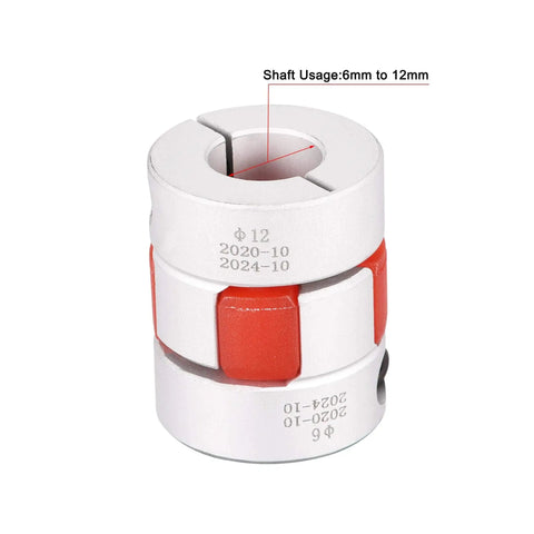 Go To Flexible Jaw Coupling Shaft Joint For Servo Motors, 6mm To 12mm Bore, L31xD25, shown in aluminum alloy with red dampening element.