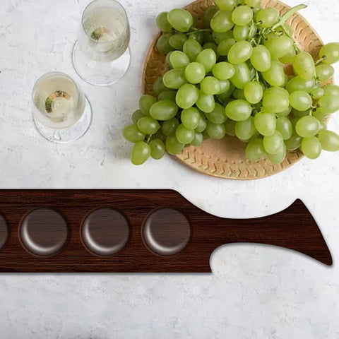 Nail The Perfect Pour Every Time With This Thick Clear Acrylic Wine Flight Paddle Template Router Drafting Stencil Reusable Precision Layout Tool For Bartenders And Craft Fans. Acrylic wine flight paddle with five circular cutouts, green grapes, and clear wine glasses.