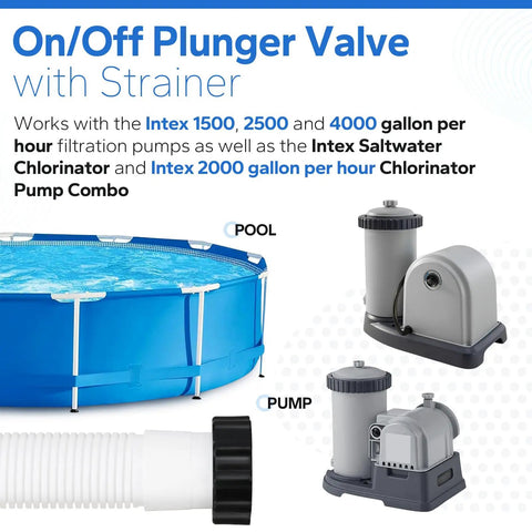 Large Inlet Air Nozzle And Pool Plunger Valve Kit For Above Ground Pools displayed with pumps and hose.