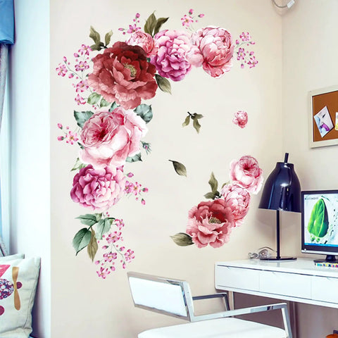 3D Peony Flower Wall Decals Peel And Stick Removable Wall Art for cozy kids' room with vibrant pink petals and butterfly accents
