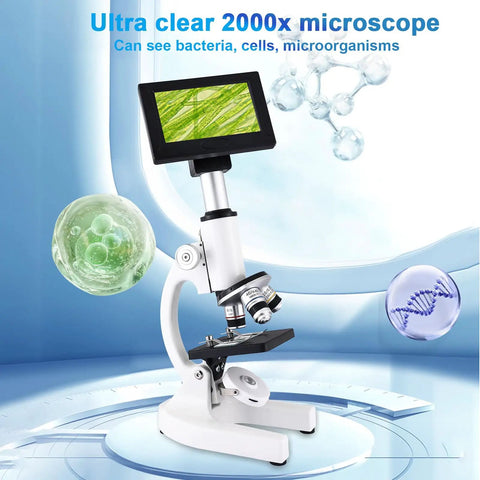 Kids Microscope With 40X To 2500X Magnification featuring 4 inch HD display and LED fill light, showcasing microscope and screen.