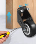Heavy Duty 2 Inch Gate Caster Wheels 8 Pack Kick Bottom Sag To The Curb So Your Swing Doors Roll Slick As Butter Without Extra Friction Or Grinding On Wood Vinyl Outdoor Tracks, close-up of wheel attached to wood with screwdriver.