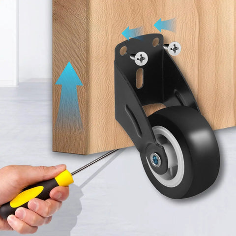 Heavy Duty 2 Inch Gate Caster Wheels 8 Pack Kick Bottom Sag To The Curb So Your Swing Doors Roll Slick As Butter Without Extra Friction Or Grinding On Wood Vinyl Outdoor Tracks, close-up of wheel attached to wood with screwdriver.