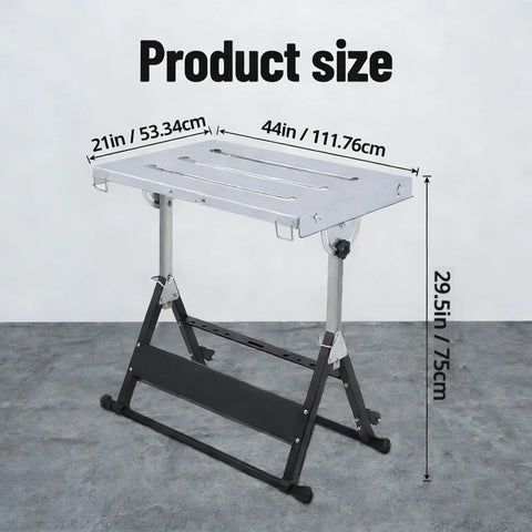 Built Like A Tank Heavy Duty Folding Welding Table With Five Hundred Pound Capacity Adjustable Height And Three Tilt Angles Portable Steel Workbench On Smooth Rollers For The Garage, showing dimensions of 44x21 inches.