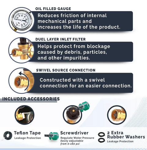 Heavy Duty Lead Free Brass RV Water Pressure Regulator With Oil Filled Gauge, Adjustable Valve For Camper, parts and accessories.