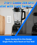 Convenient Dual Function 20 Amp Gfci Outlet With Light Switch Combo Self Test Tamper Resistant Gfi Receptacle White in kitchen setting.