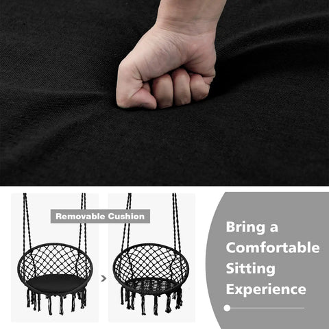 Close-up of hand gripping black fabric with image of Macrame Hammock Chair Swing With Cushioned Seat And Hardware Kit For Indoor Outdoor Chill