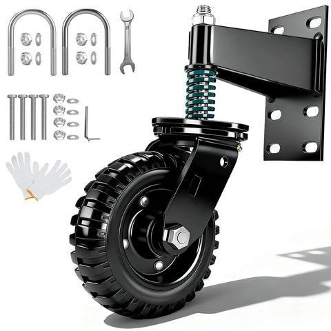 Close-up of 6 Inch Heavy Duty Gate Wheel With 360 Degree Swivel Roller, extra hardware, and gloves for durable outdoor use.