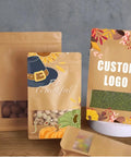 Custom Print Kraft Paper Bags With Window Stand Up Zipper Lock Pouch For Snacks Tea Coffee Reusable Packaging For Small Biz