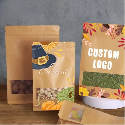 Custom Print Kraft Paper Bags With Window Stand Up Zipper Lock Pouch For Snacks Tea Coffee Reusable Packaging For Small Biz