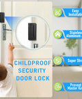 3 Pack Home Security Door Reinforcement Lock Kit With Childproof Inside Latch Stopper Heavy Duty Aluminum Construction In Black Tough Protection To Keep Unauthorized Entry Out And Family Safe installed on a door, viewed from the front with a child reaching up.