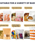 Heavy Duty Plastic Vacuum Storage Clip Seal Grip For Space Saver Bags shown sealing various types of bags including vacuum, ziplock, and kraft paper